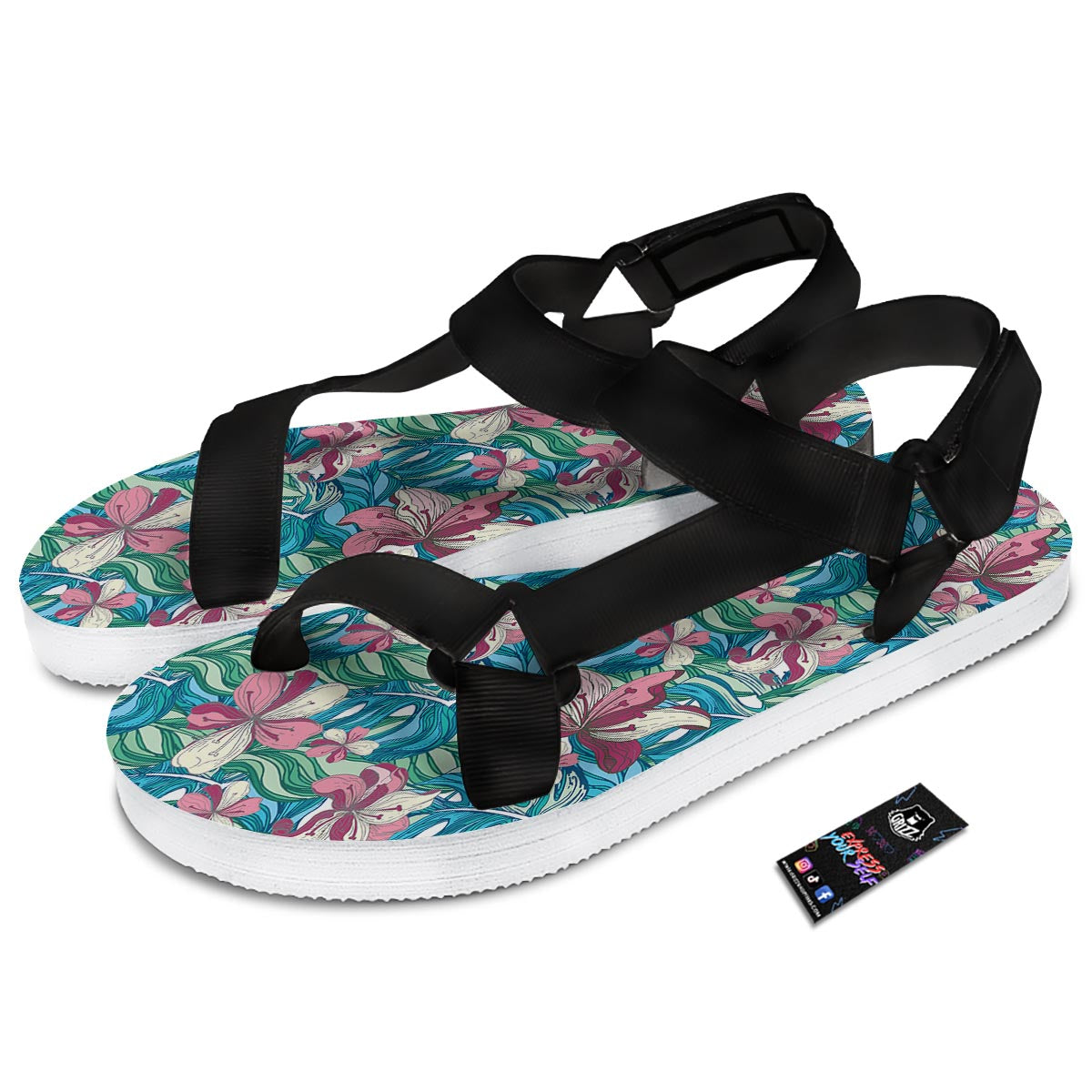 Tropical Blossom Teal Pink Print Pattern Black Open Toe Sandals-grizzshop