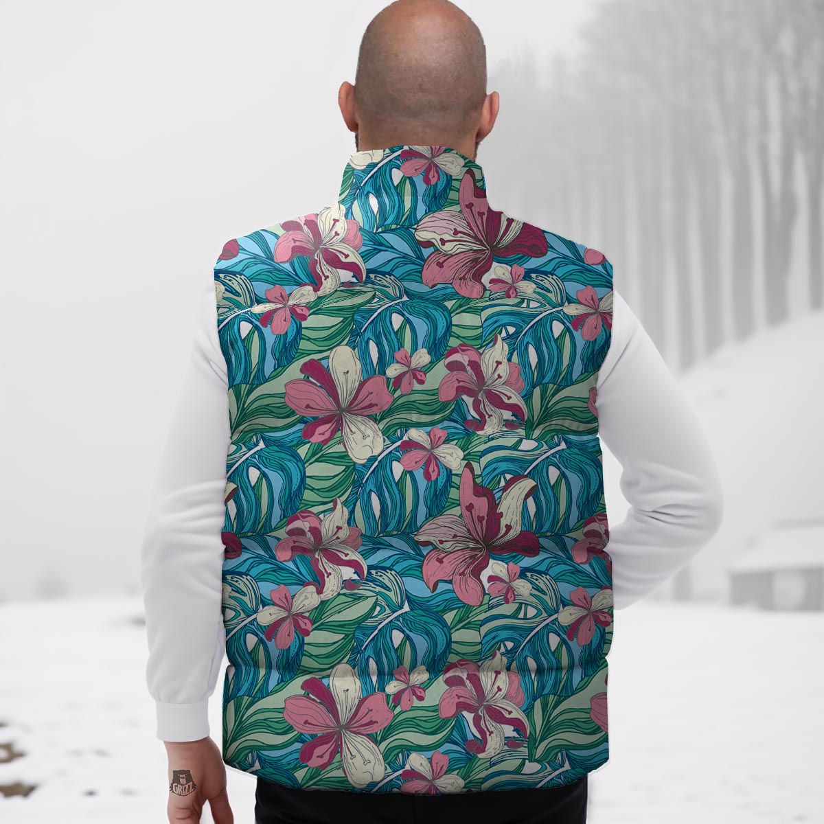 Tropical Blossom Teal Pink Print Pattern Down Vest