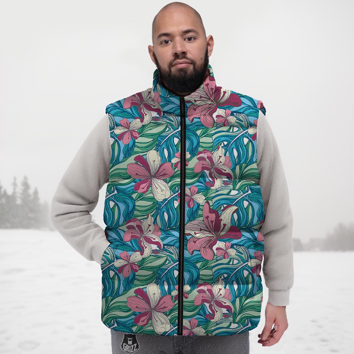 Tropical Blossom Teal Pink Print Pattern Down Vest