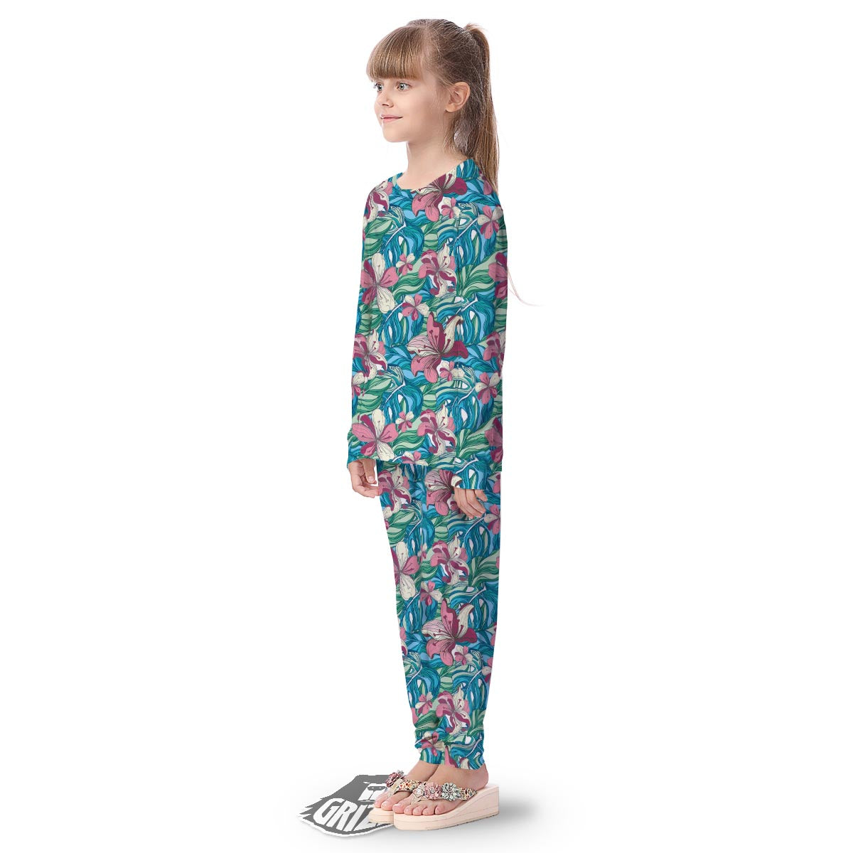 Tropical Blossom Teal Pink Print Pattern Kid's Pajamas-grizzshop