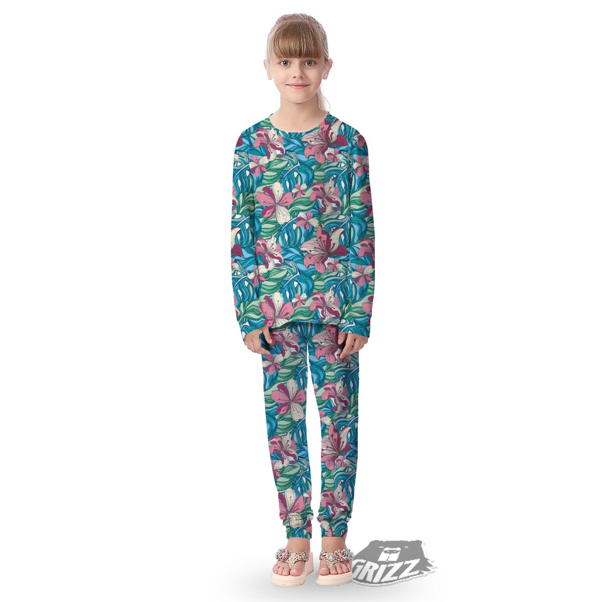 Tropical Blossom Teal Pink Print Pattern Kid's Pajamas-grizzshop