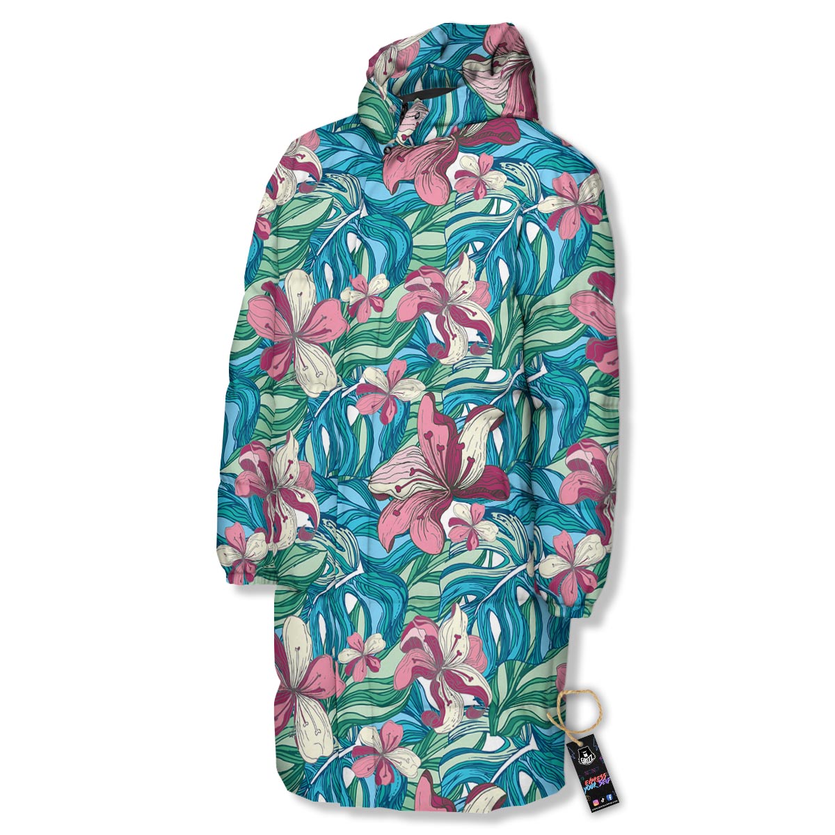 Tropical Blossom Teal Pink Print Pattern Long Down Jacket-grizzshop