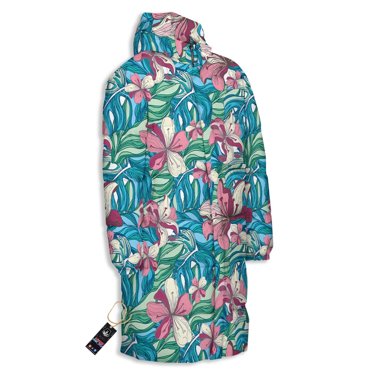 Tropical Blossom Teal Pink Print Pattern Long Down Jacket-grizzshop