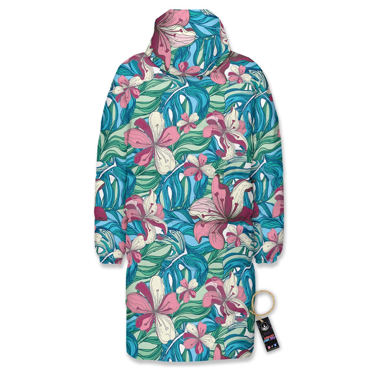 Tropical Blossom Teal Pink Print Pattern Long Down Jacket-grizzshop