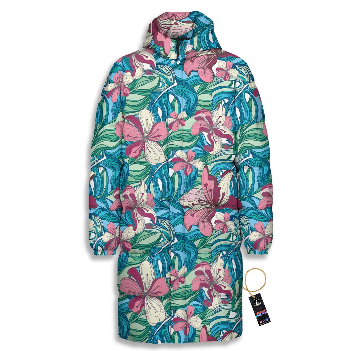 Tropical Blossom Teal Pink Print Pattern Long Down Jacket-grizzshop