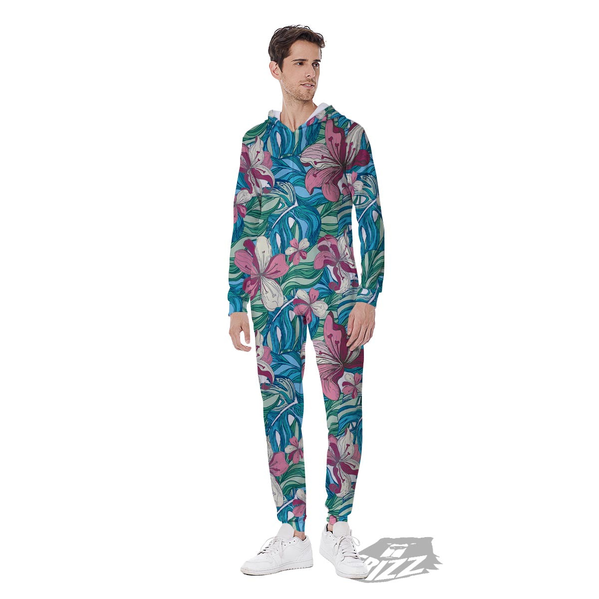 Tropical Blossom Teal Pink Print Pattern Men's Jumpsuit-grizzshop