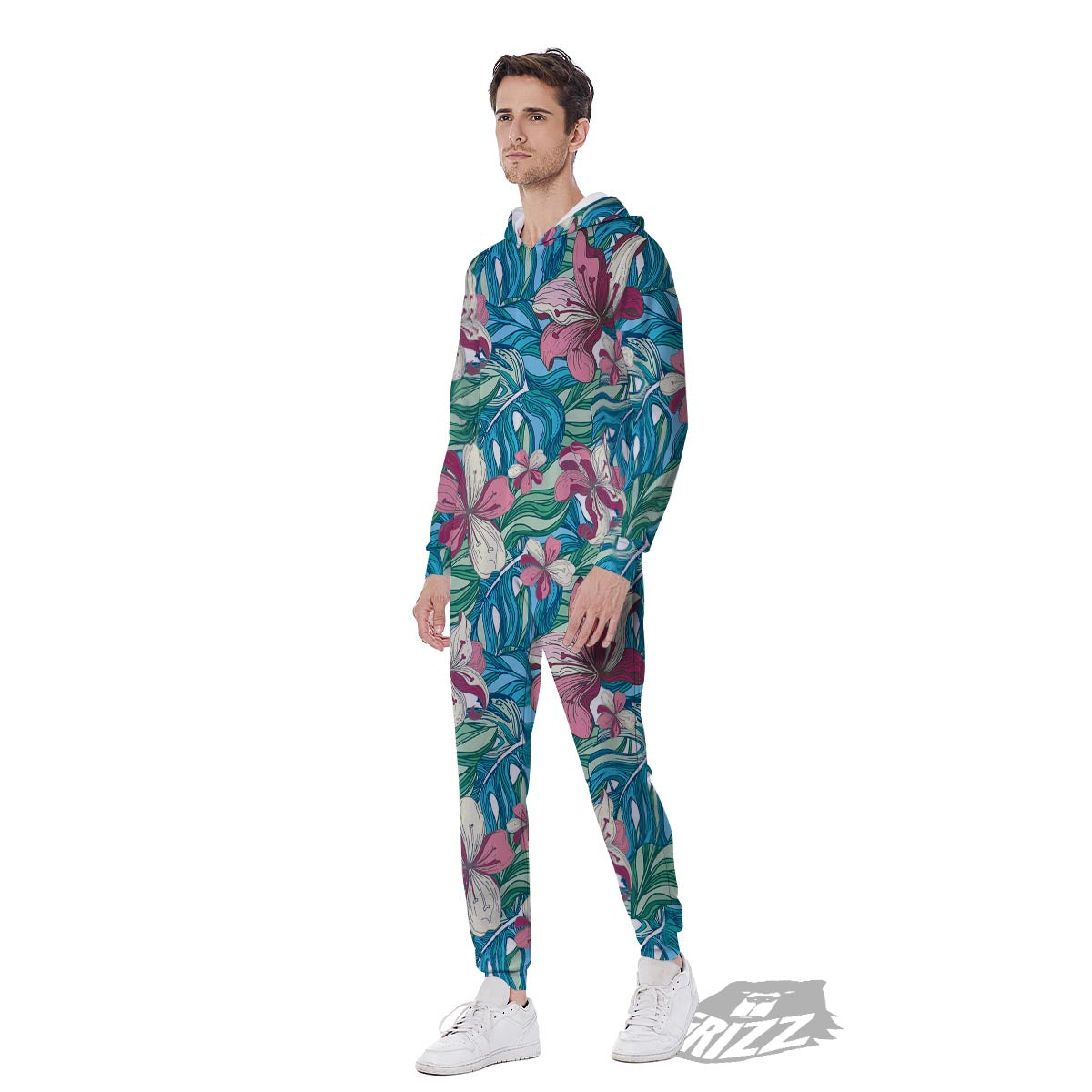 Tropical Blossom Teal Pink Print Pattern Men's Jumpsuit-grizzshop