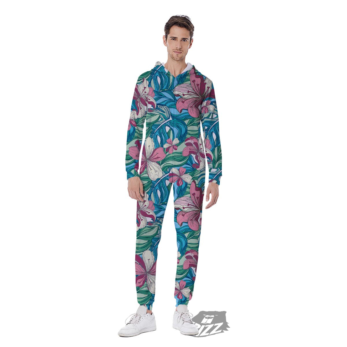 Tropical Blossom Teal Pink Print Pattern Men's Jumpsuit-grizzshop