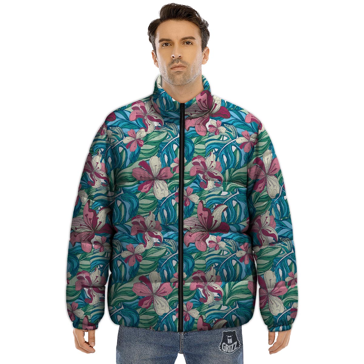 Tropical Blossom Teal Pink Print Pattern Puffer Jacket-grizzshop