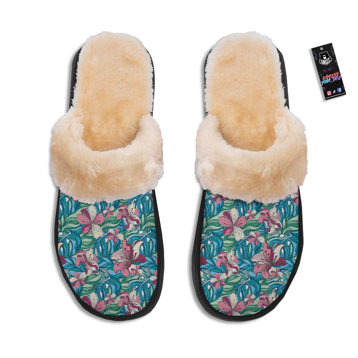 Tropical Blossom Teal Pink Print Pattern Slippers-grizzshop