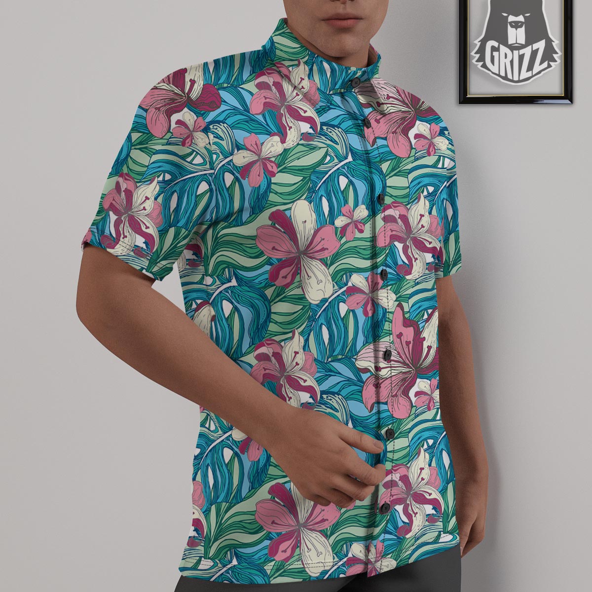 Tropical Blossom Teal Pink Print Pattern Untucked Shirts-grizzshop