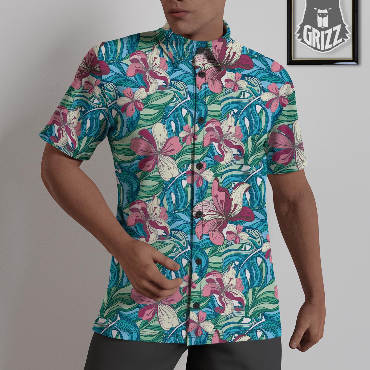 Tropical Blossom Teal Pink Print Pattern Untucked Shirts-grizzshop