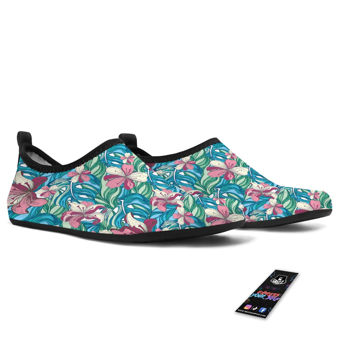 Tropical Blossom Teal Pink Print Pattern Water Shoes-grizzshop