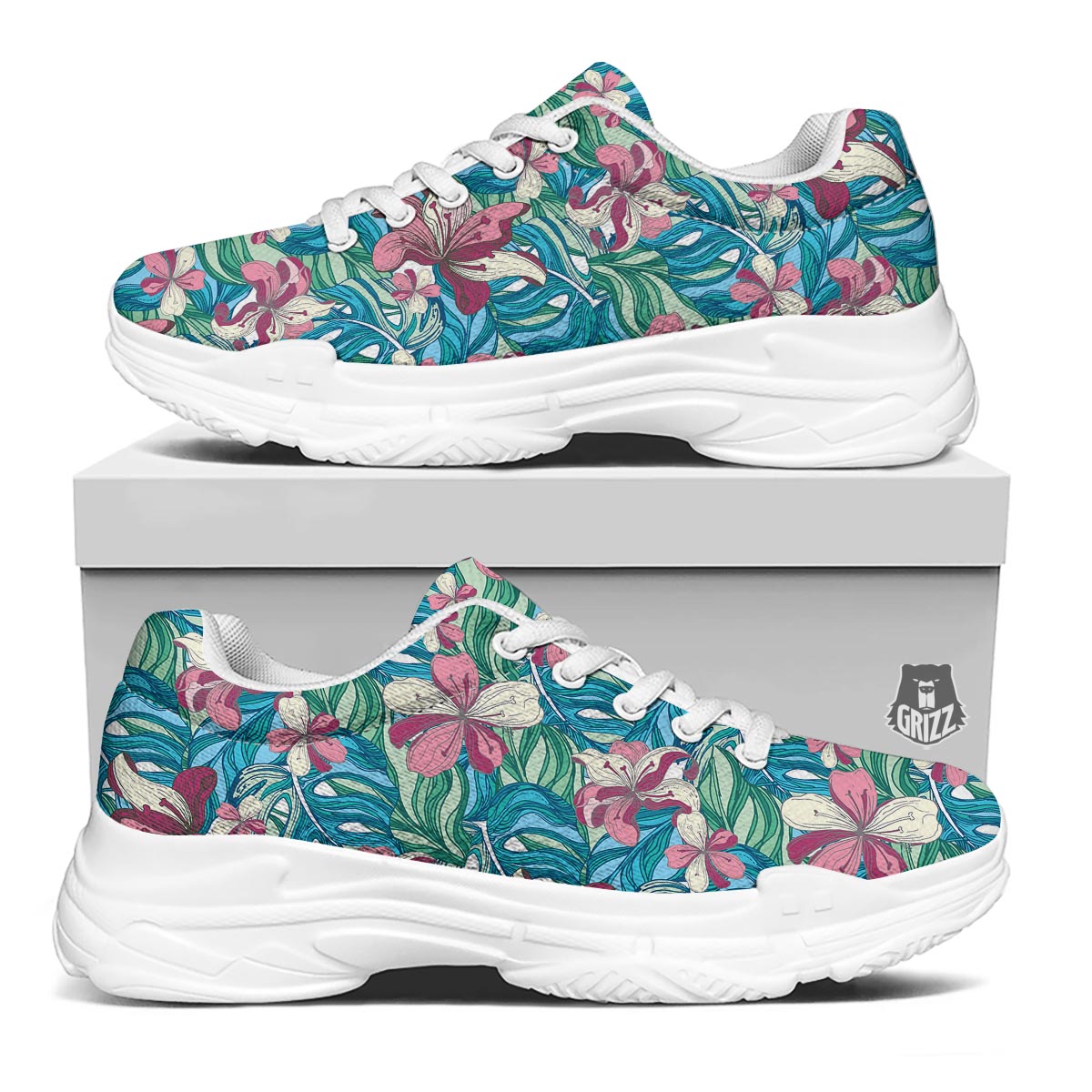 Tropical Blossom Teal Pink Print Pattern White Chunky Shoes-grizzshop