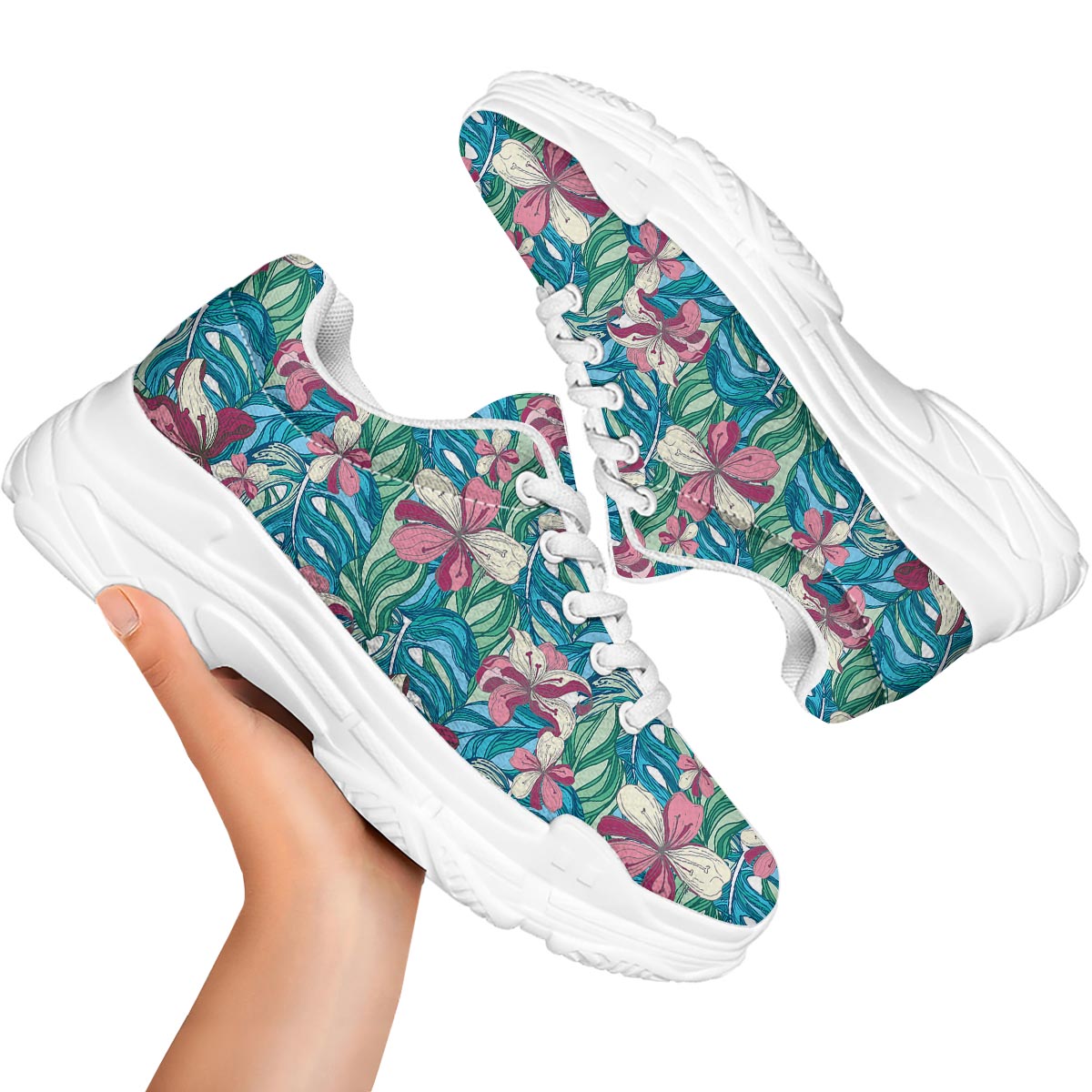 Tropical Blossom Teal Pink Print Pattern White Chunky Shoes-grizzshop