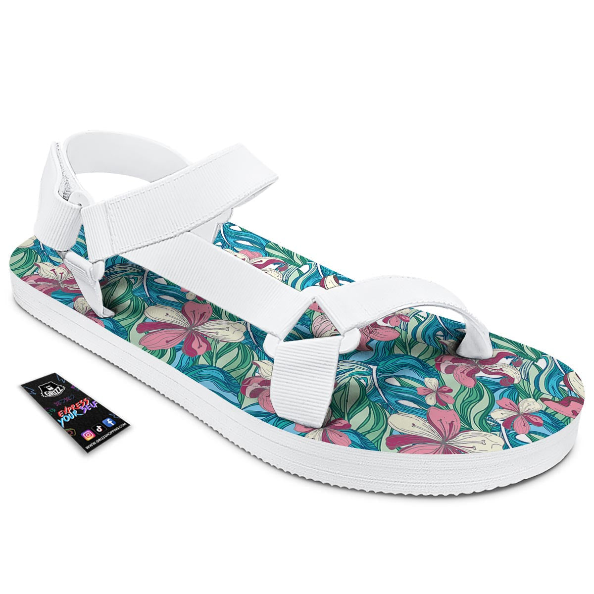 Tropical Blossom Teal Pink Print Pattern White Open Toe Sandals-grizzshop