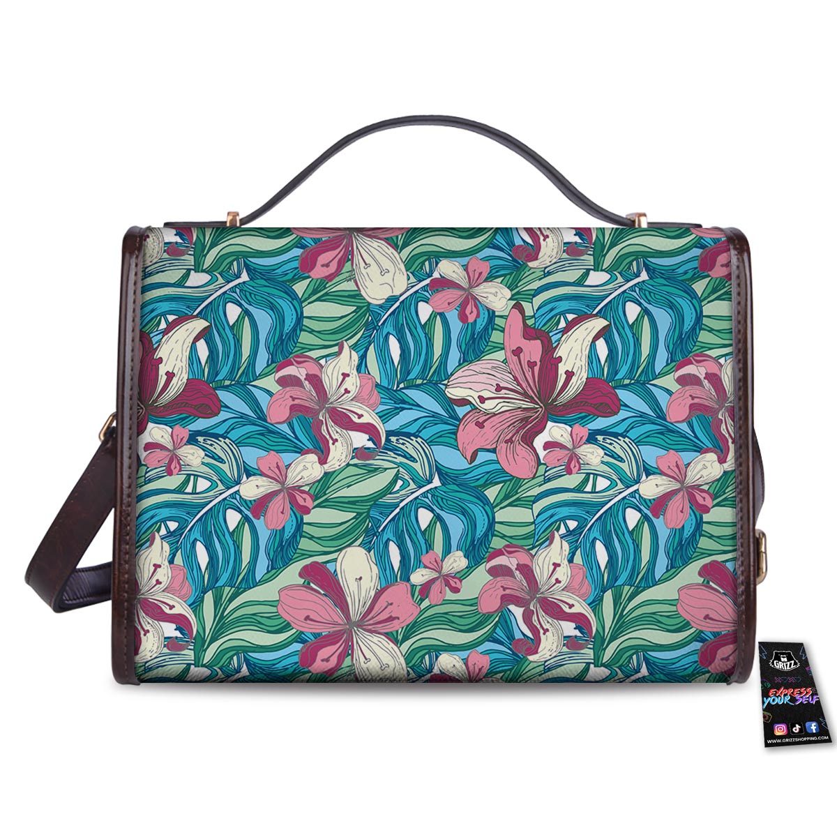 Tropical Blossom Teal Pink Print Pattern Women's Satchel Bag-grizzshop