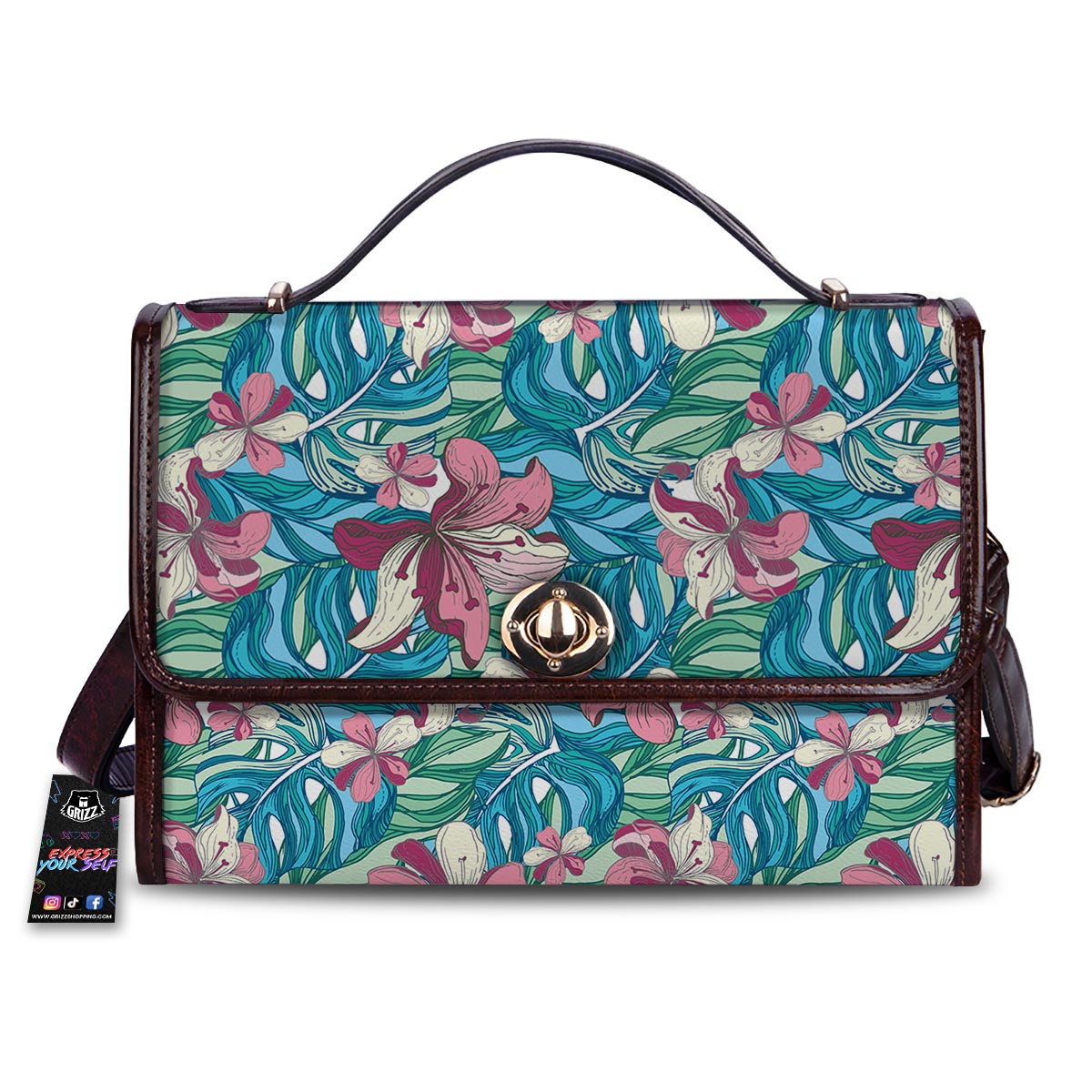 Tropical Blossom Teal Pink Print Pattern Women's Satchel Bag-grizzshop