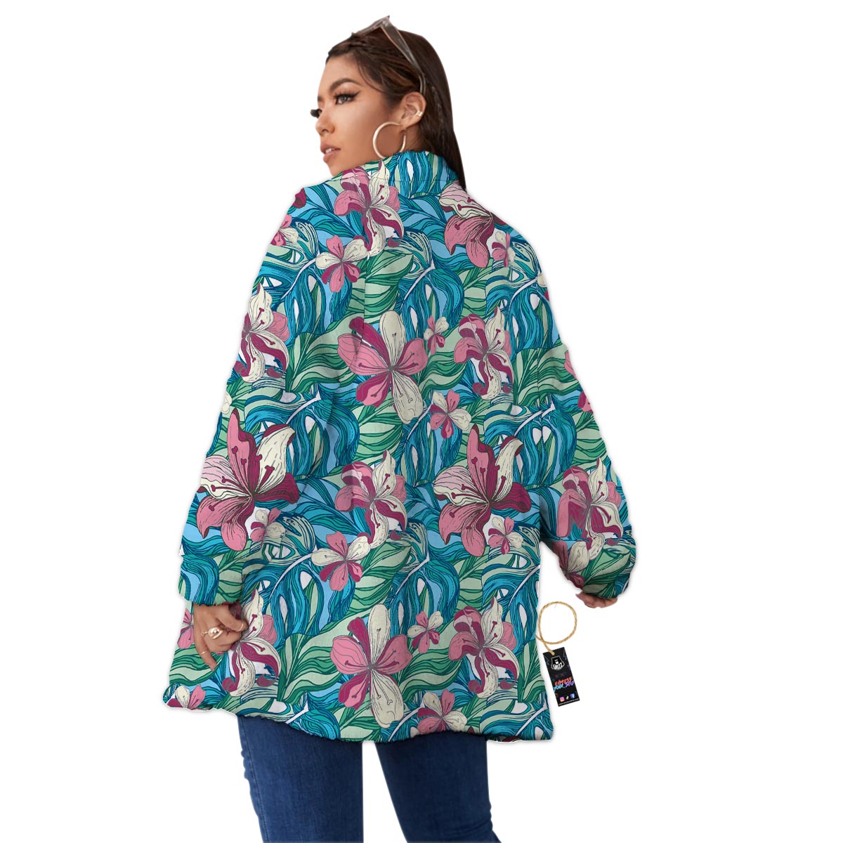Tropical Blossom Teal Pink Print Pattern Women's Sherpa Jacket-grizzshop