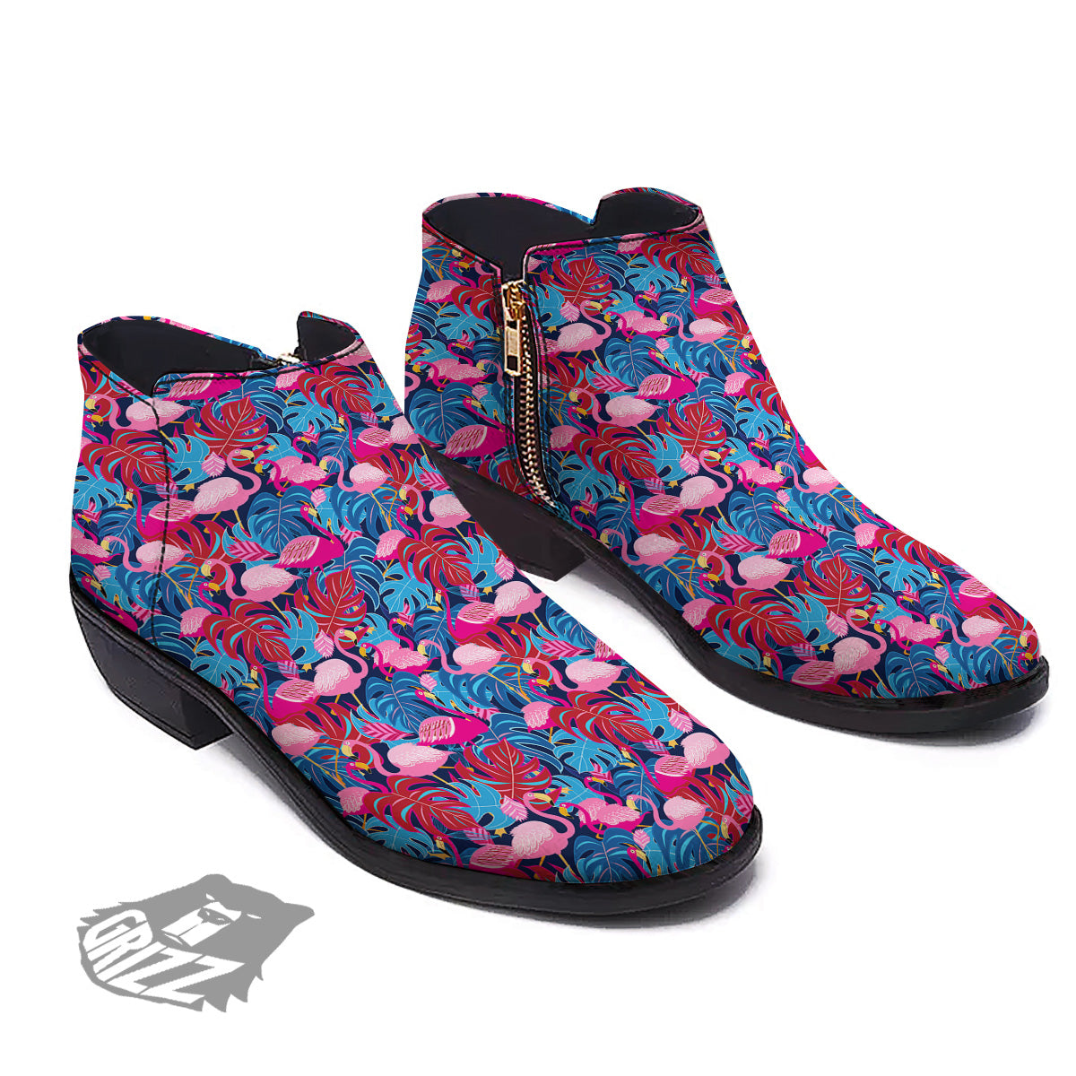 Tropical Blue And Pink Flamingo Print Ankle Boots-grizzshop