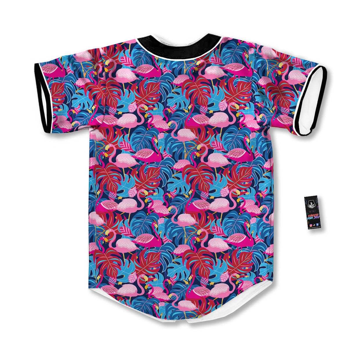 Tropical Blue And Pink Flamingo Print Baseball Jersey-grizzshop