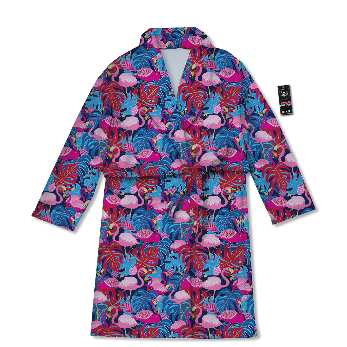 Tropical Blue And Pink Flamingo Print Bathrobe-grizzshop