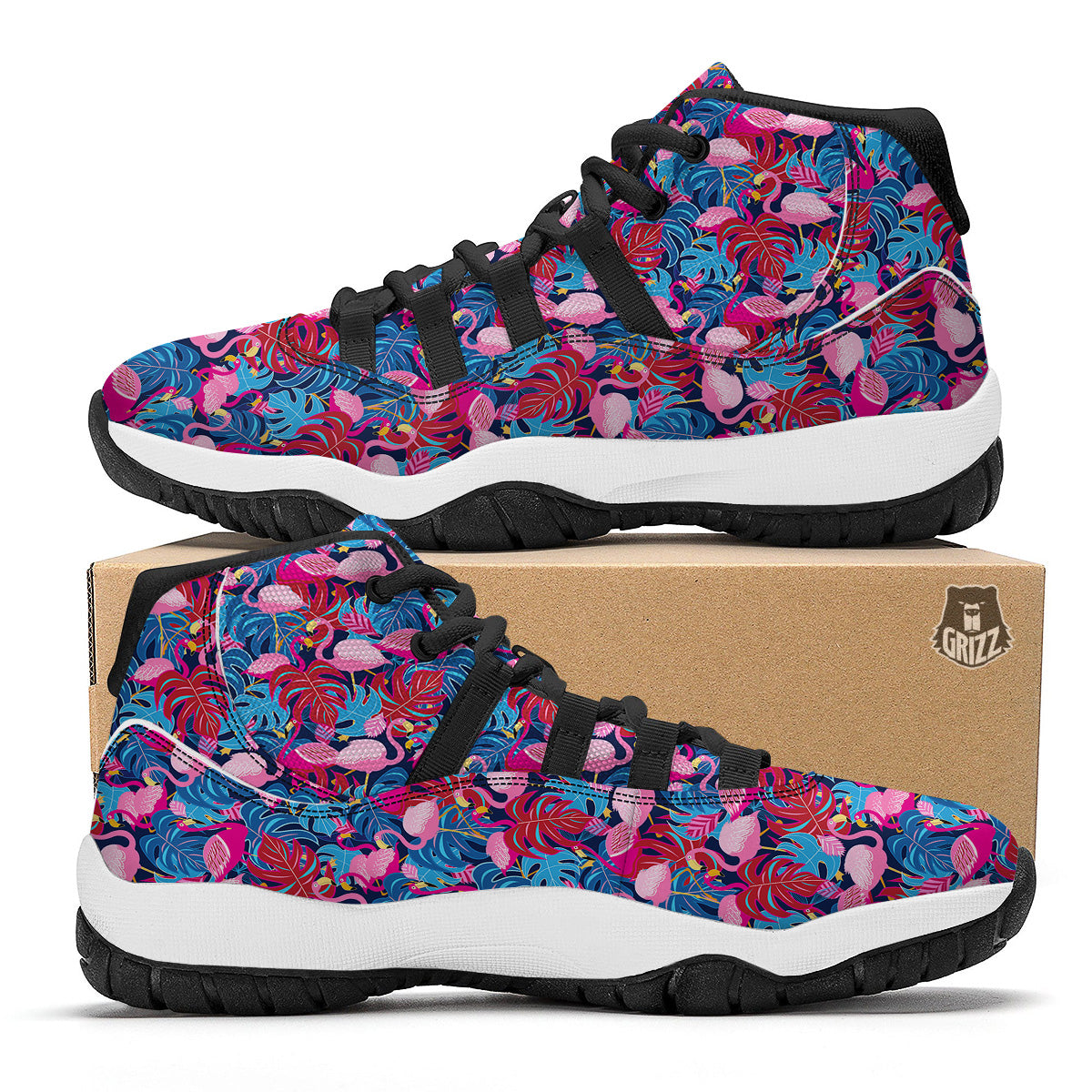 Tropical Blue And Pink Flamingo Print Black Bball Shoes-grizzshop