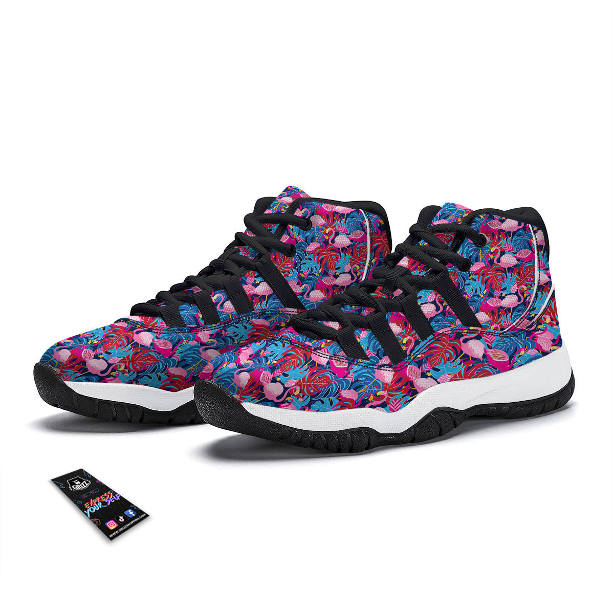 Tropical Blue And Pink Flamingo Print Black Bball Shoes-grizzshop