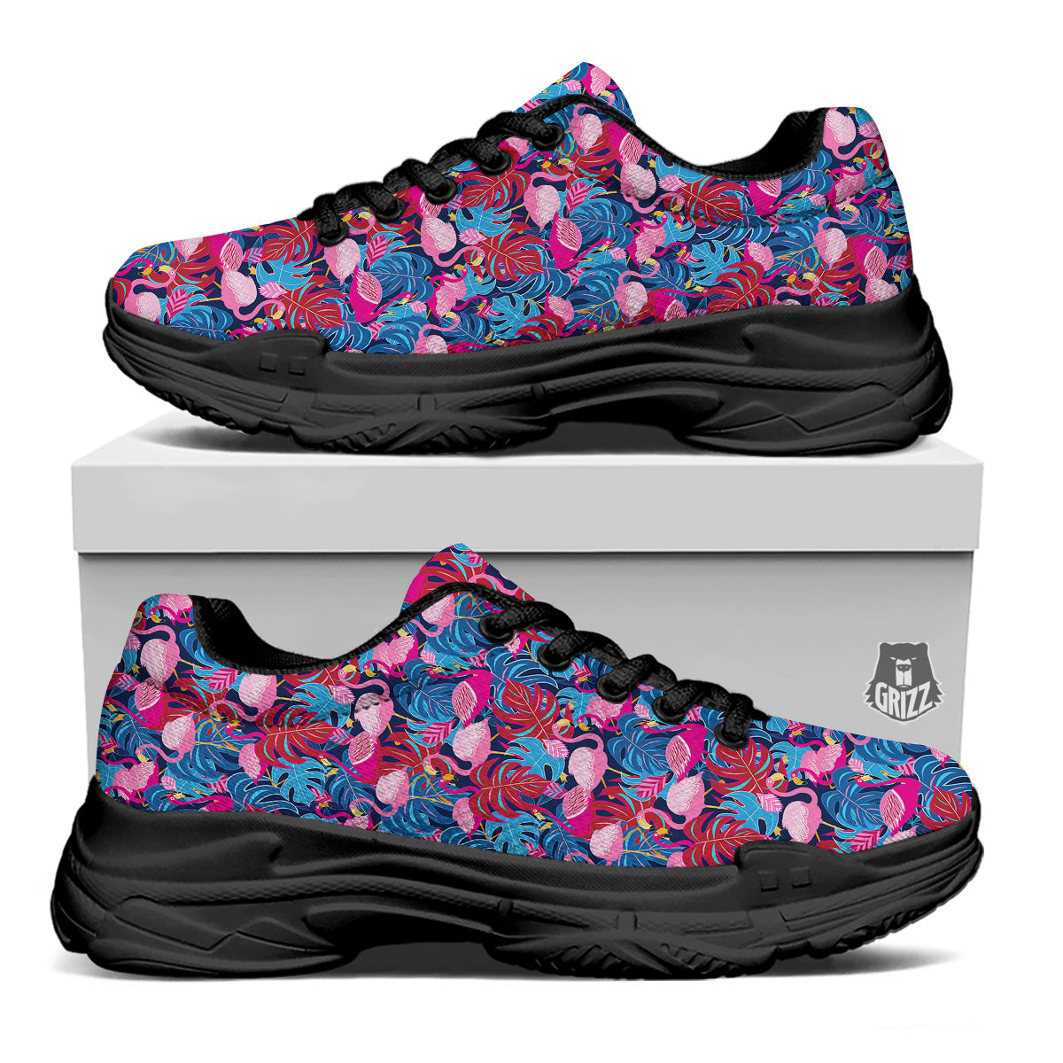 Tropical Blue And Pink Flamingo Print Black Chunky Shoes-grizzshop