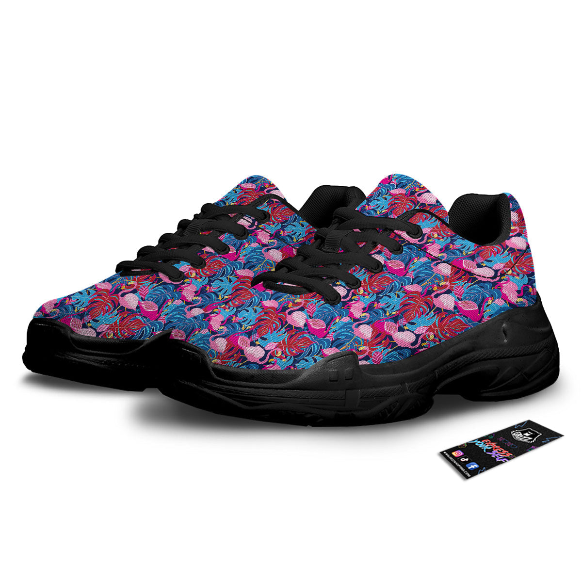 Tropical Blue And Pink Flamingo Print Black Chunky Shoes-grizzshop