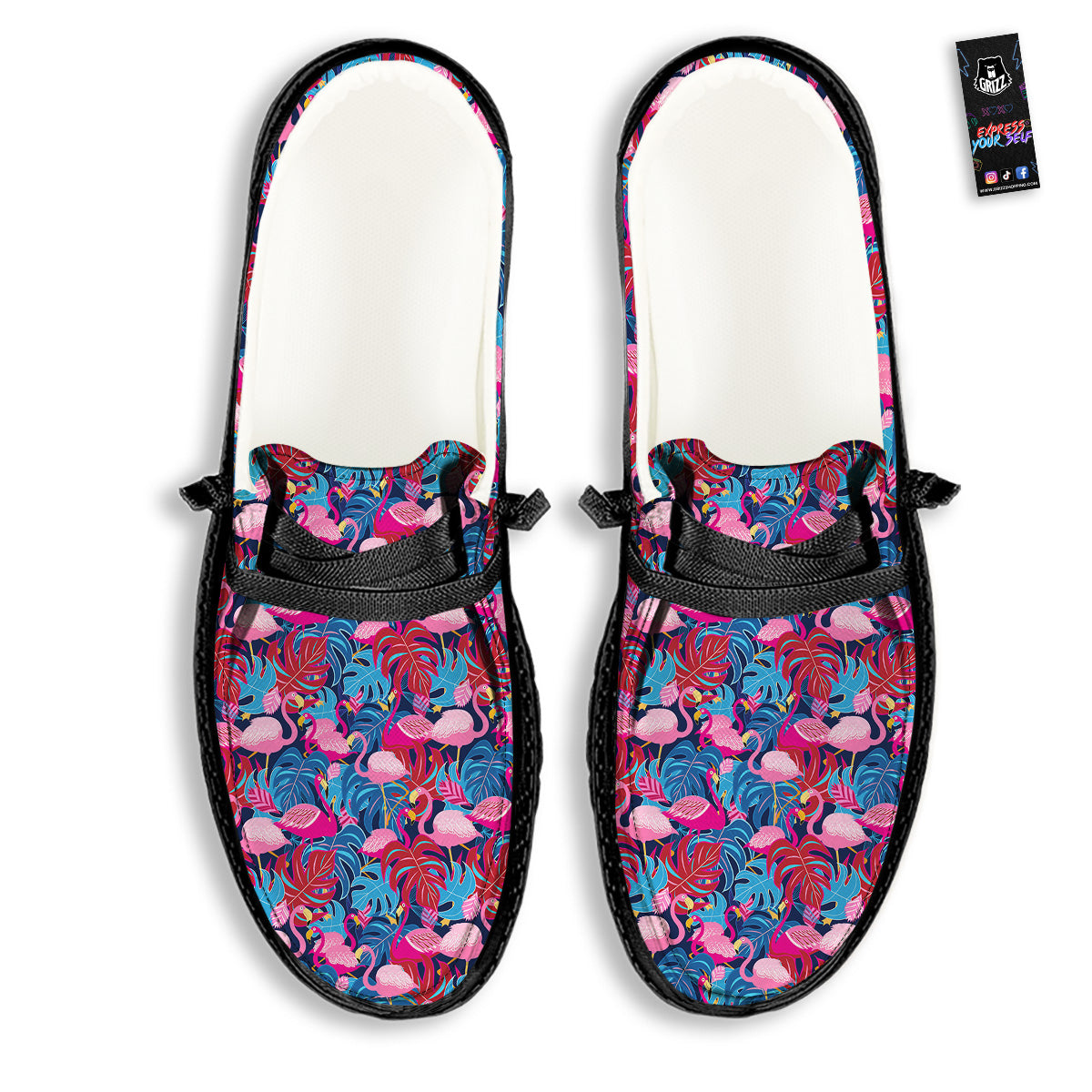 Tropical Blue And Pink Flamingo Print Black Loafers-grizzshop
