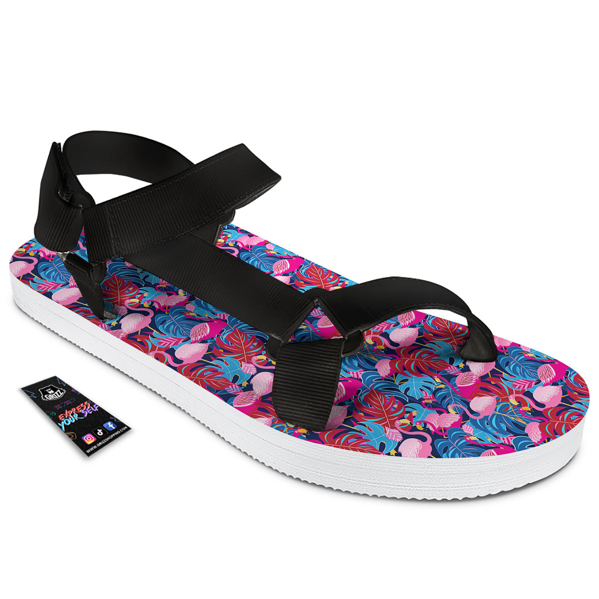 Tropical Blue And Pink Flamingo Print Black Open Toe Sandals-grizzshop