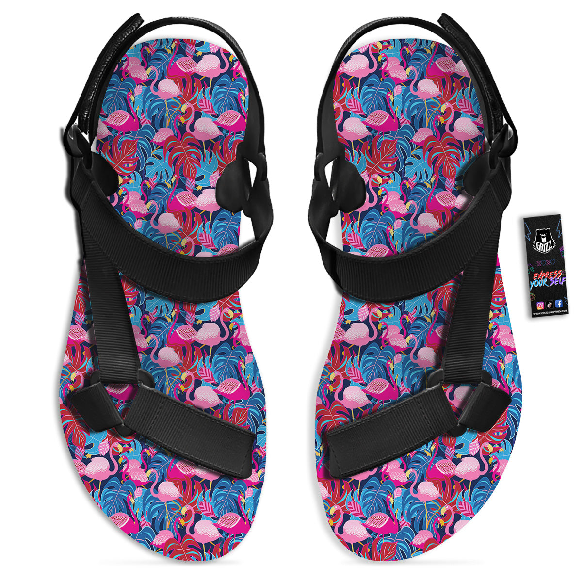 Tropical Blue And Pink Flamingo Print Black Open Toe Sandals-grizzshop