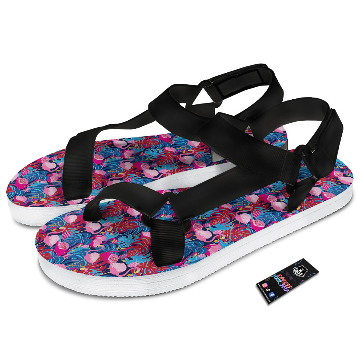 Tropical Blue And Pink Flamingo Print Black Open Toe Sandals-grizzshop