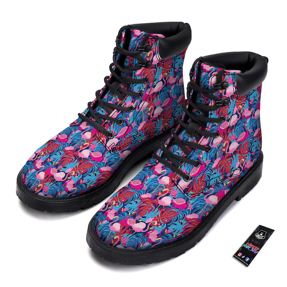Tropical Blue And Pink Flamingo Print Boots-grizzshop