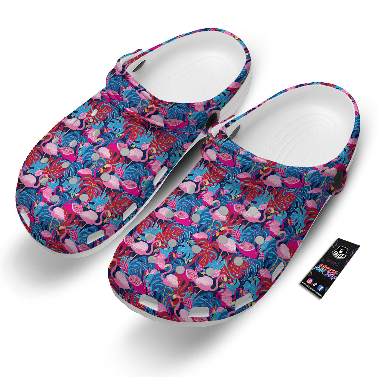 Tropical Blue And Pink Flamingo Print Clog-grizzshop