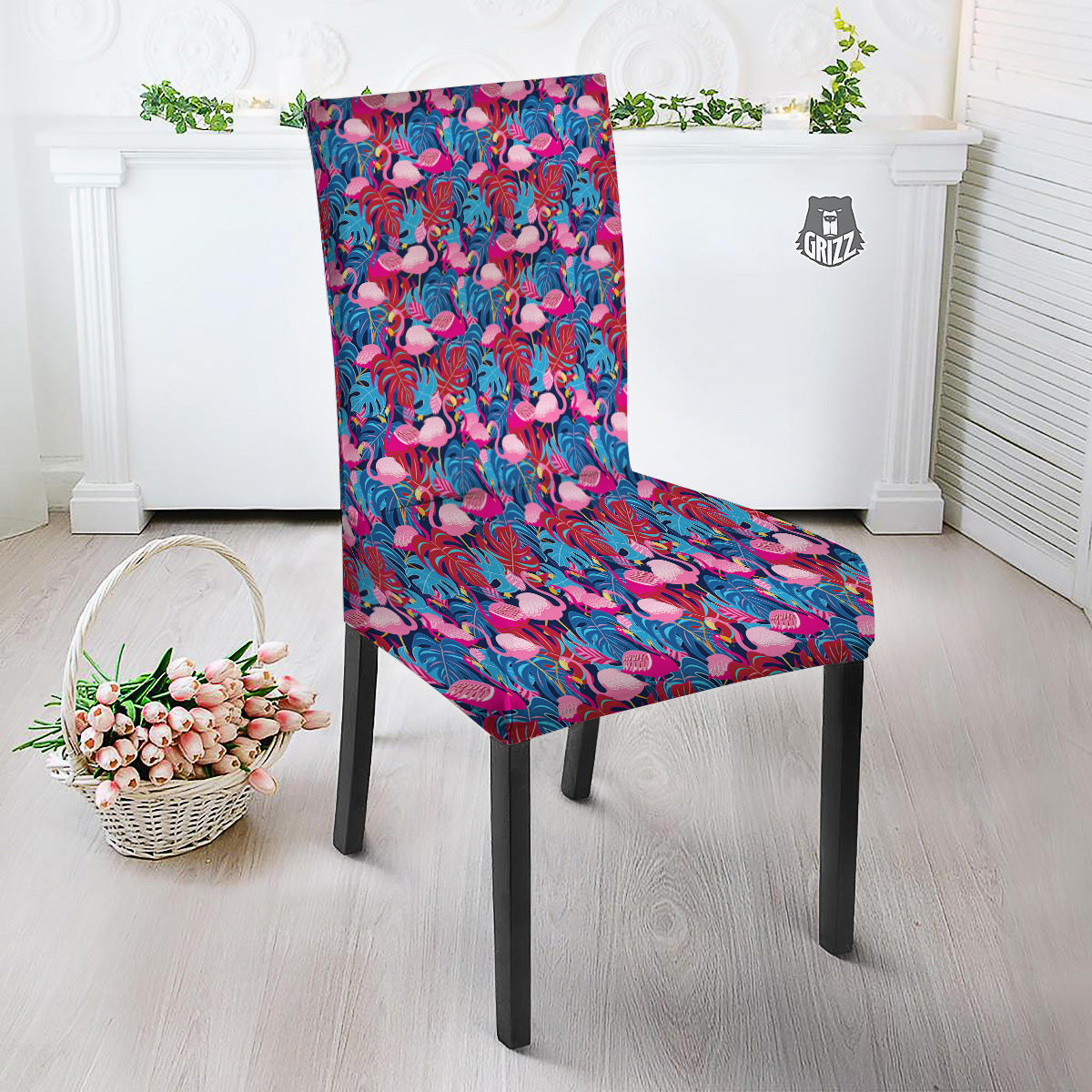 Tropical Blue And Pink Flamingo Print Dining Chair Slipcover-grizzshop
