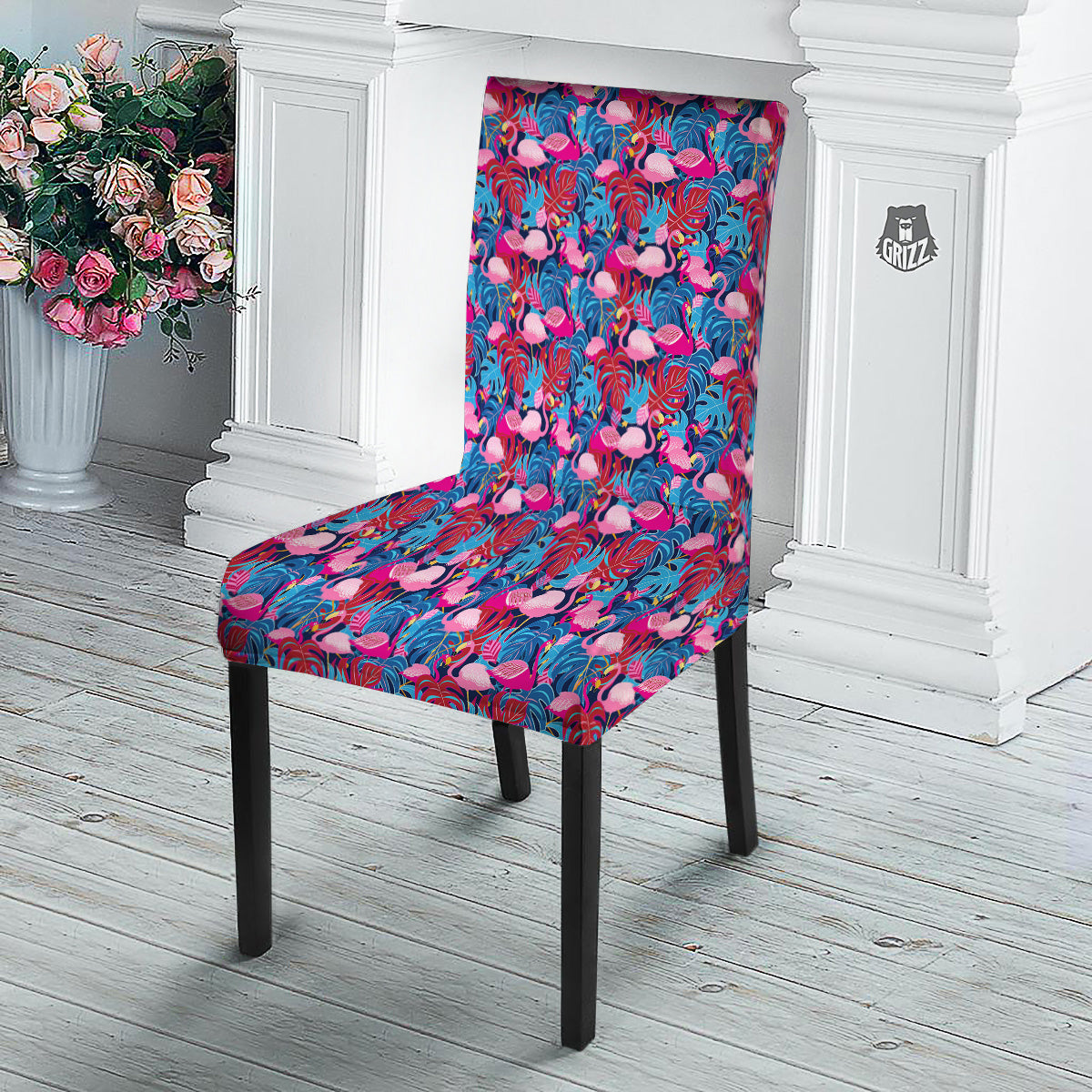 Tropical Blue And Pink Flamingo Print Dining Chair Slipcover-grizzshop