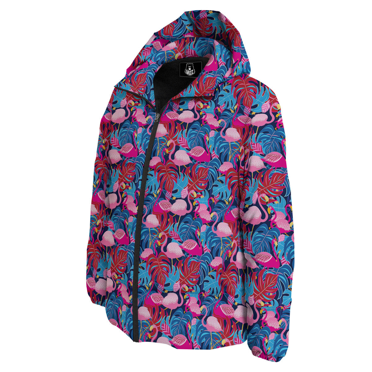 Tropical Blue And Pink Flamingo Print Down Jacket-grizzshop