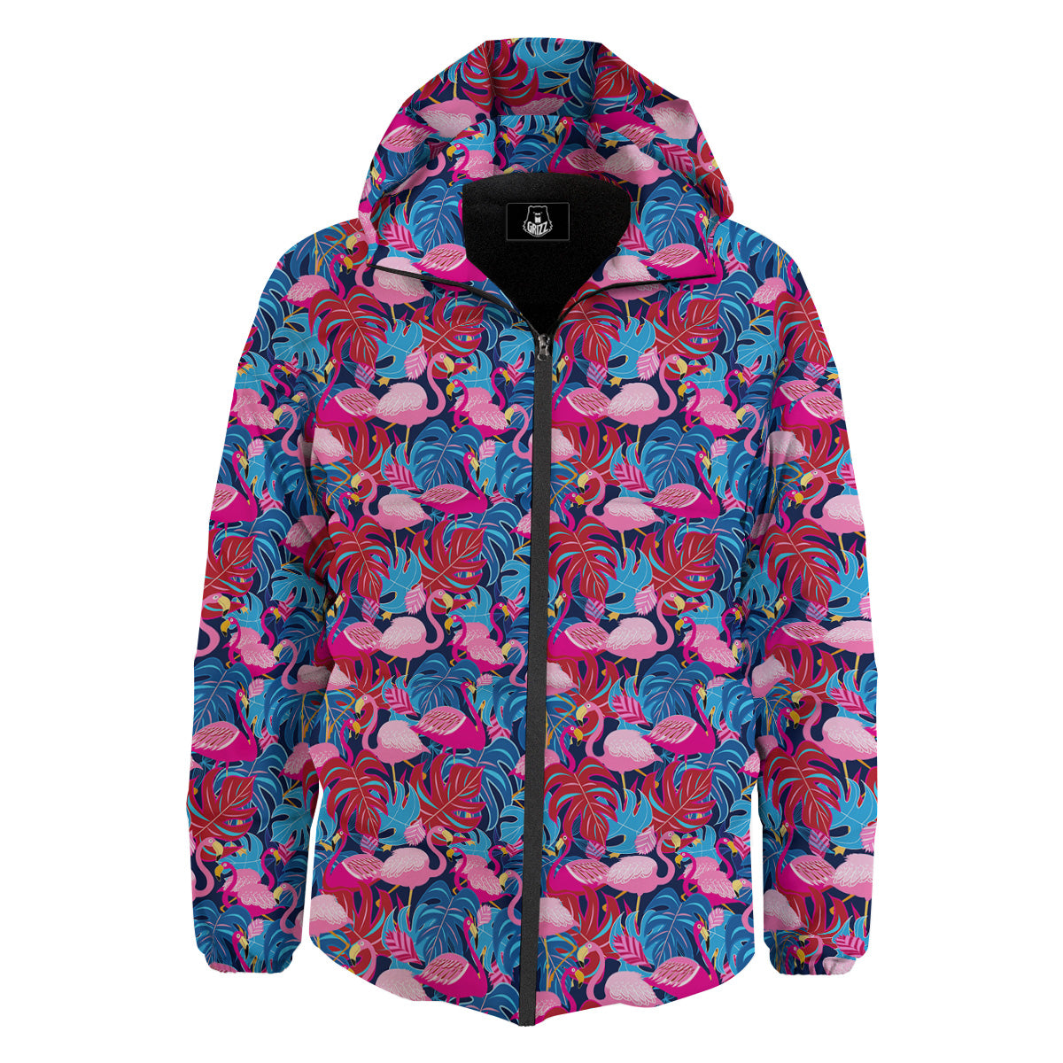 Tropical Blue And Pink Flamingo Print Down Jacket-grizzshop