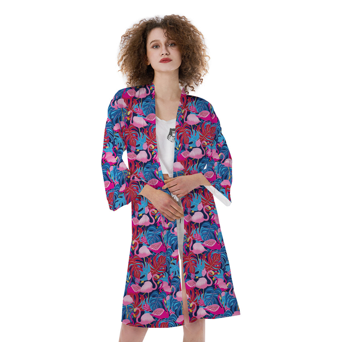 Tropical Blue And Pink Flamingo Print Kimono-grizzshop