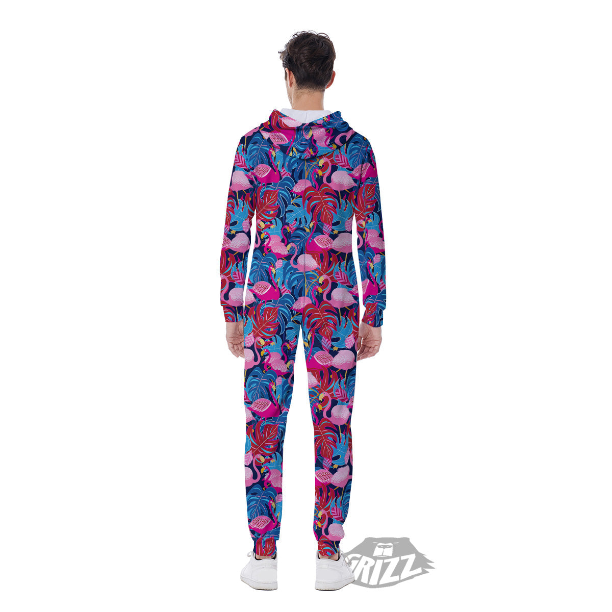 Tropical Blue And Pink Flamingo Print Men's Jumpsuit-grizzshop