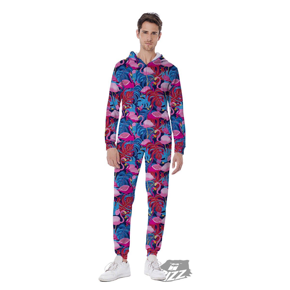 Tropical Blue And Pink Flamingo Print Men's Jumpsuit-grizzshop