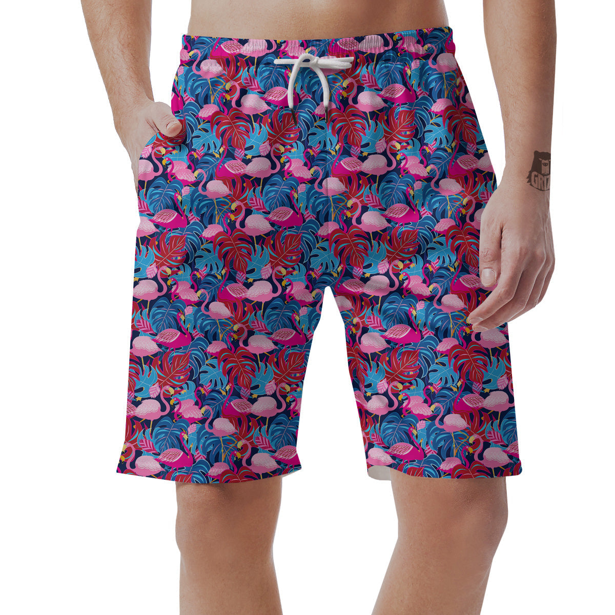 Tropical Blue And Pink Flamingo Print Men's Shorts-grizzshop