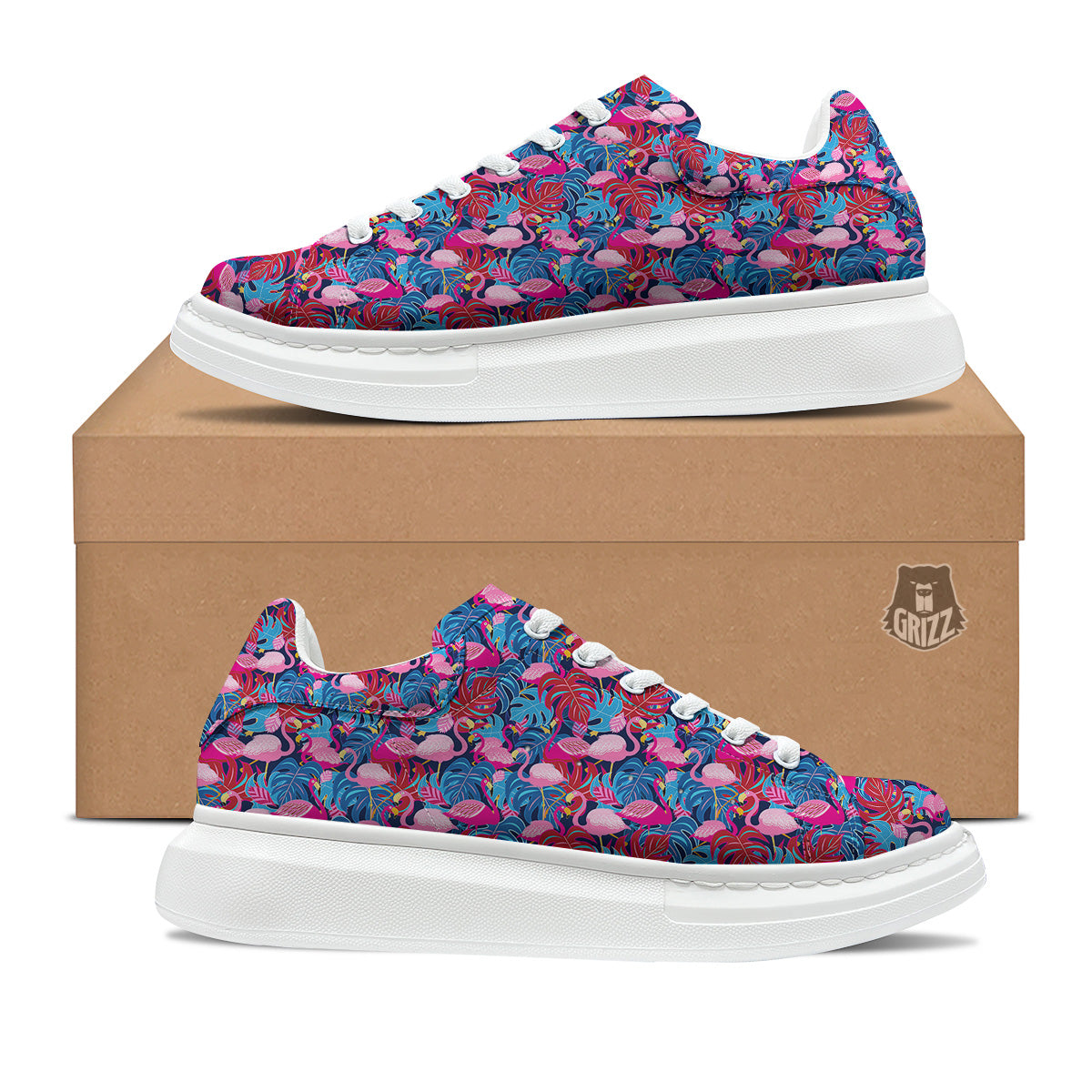 Tropical Blue And Pink Flamingo Print Platform Shoes-grizzshop