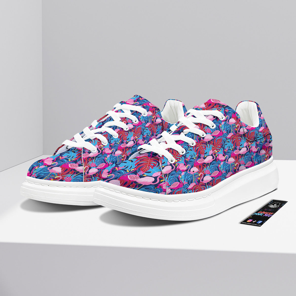 Tropical Blue And Pink Flamingo Print Platform Shoes-grizzshop