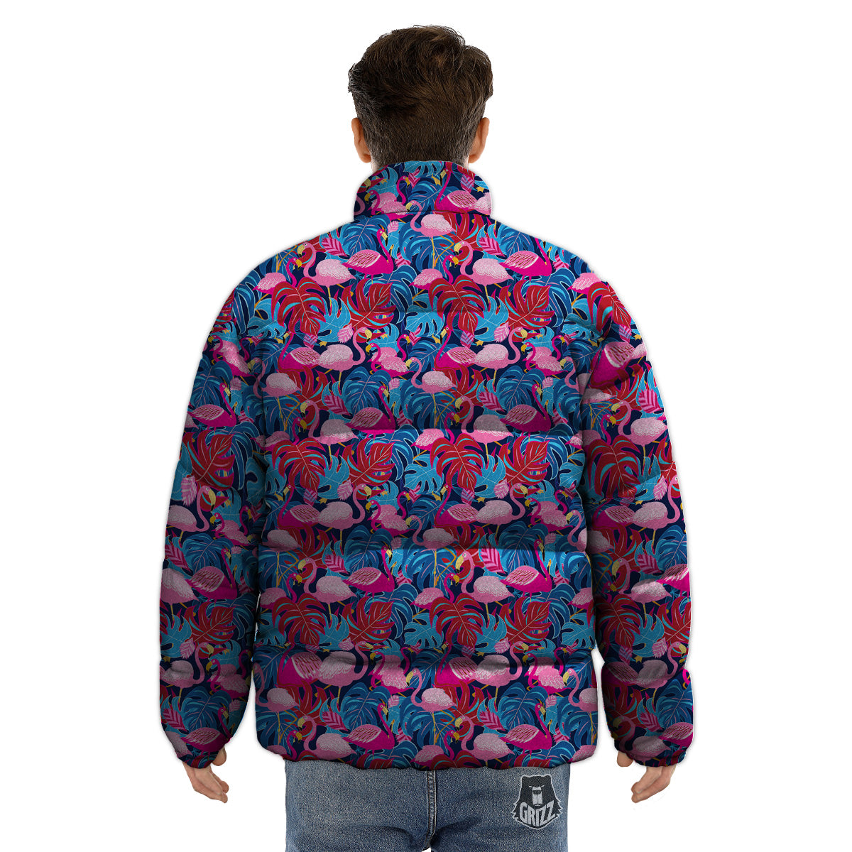 Tropical Blue And Pink Flamingo Print Puffer Jacket-grizzshop