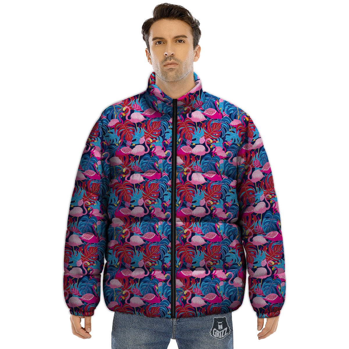 Tropical Blue And Pink Flamingo Print Puffer Jacket-grizzshop