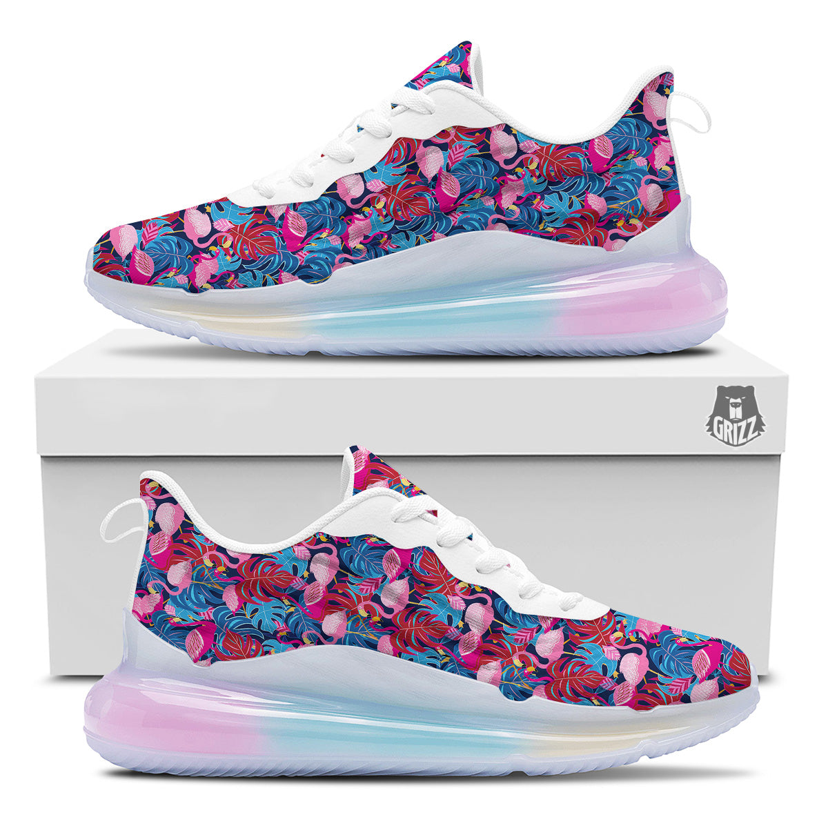Tropical Blue And Pink Flamingo Print Running Sneakers-grizzshop