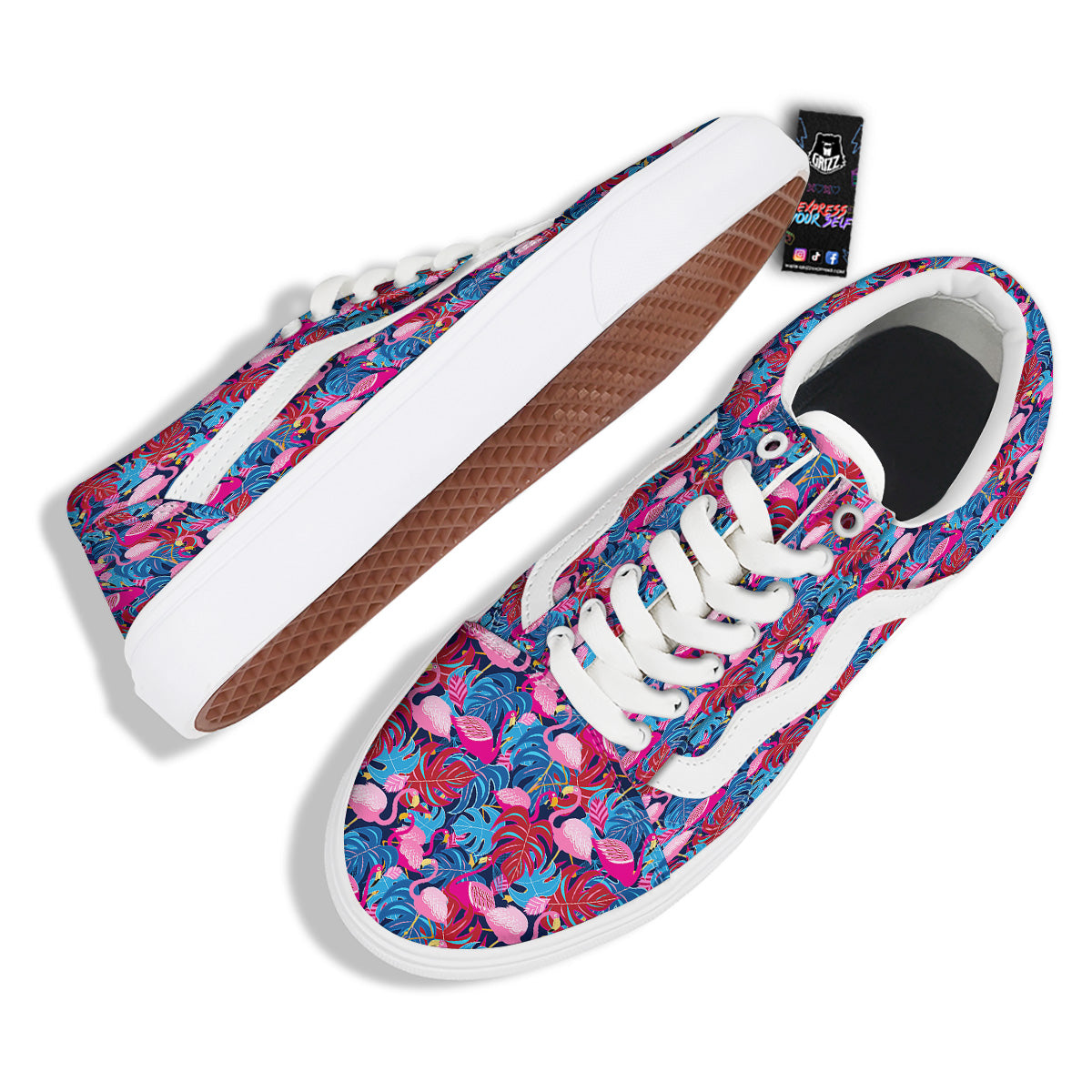 Tropical Blue And Pink Flamingo Print Skate Shoes-grizzshop